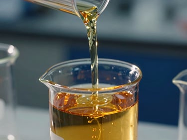 Macro close-up of amber-colored base oil being poured into laboratory glassware, clean bright laboratory lighting, sharp focus.