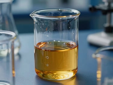 Close-up of amber-colored base oil in clean laboratory glassware under bright, clinical lighting, sharp focus.