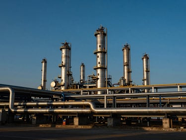Wide-angle industrial storage terminals and steel pipelines at a modern refinery under crisp high-contrast daylight.
