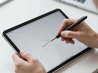 Close-up of clean digital interface on tablet, hands sketching simple diagram, bright daylight, 35mm