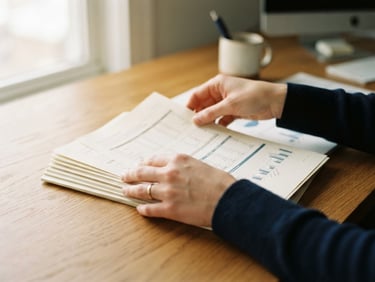 Close-up of hands organizing clean financial documents on a warm wooden desk, soft natural window light, shallow depth of field, professional 35mm film aesthetic