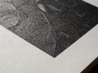 Macro detail of high-resolution print on textured archival paper, showing crisp ink lines and matte surface finish, dramatic side lighting.