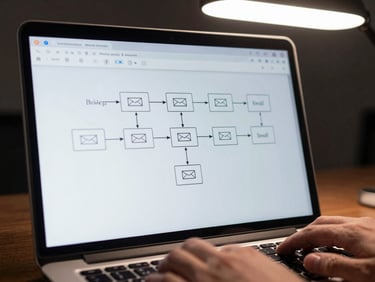 Laptop screen showing an email automation sequence flow diagram mid-build, cool overhead tungsten light, hands at the keyboard partially in frame, tight environmental crop