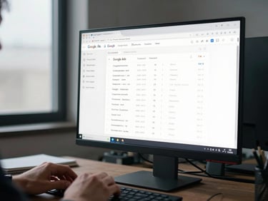 Wide-angle view of a desktop monitor showing a Google Ads campaign dashboard mid-review, cool overcast window light from the left, hands resting near keyboard, environmental office context