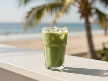 Bright iced matcha latte in a clear glass with condensation, sitting on a white counter with soft palm tree shadows, 35mm.