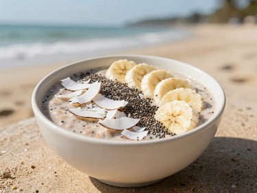 A vibrant tropical fruit smoothie bowl topped with sliced bananas, coconut flakes, and chia seeds, bright natural daylight, 35mm.