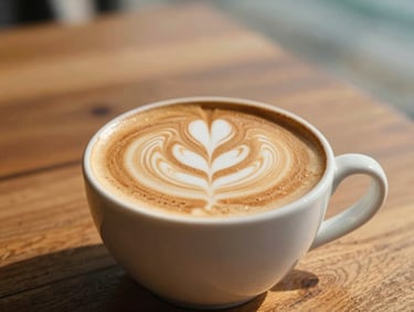 Shallow depth of field close-up of a warm cappuccino with detailed wave latte art, sitting on a sun-drenched wooden table, 35mm.