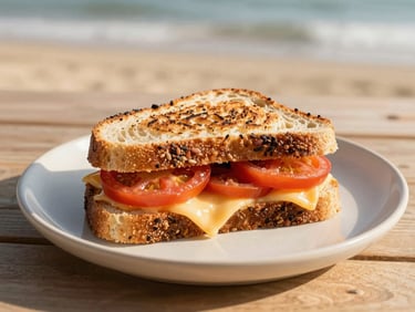 Freshly pressed panini sandwich with melted cheese and heirloom tomatoes on artisanal sourdough, served on a light ceramic plate, 35mm.
