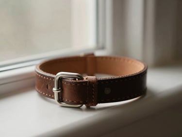A close-up of a high-quality leather dog collar with minimalist hardware, soft natural window light, muted earthy tones, shallow depth of field, 35mm lens