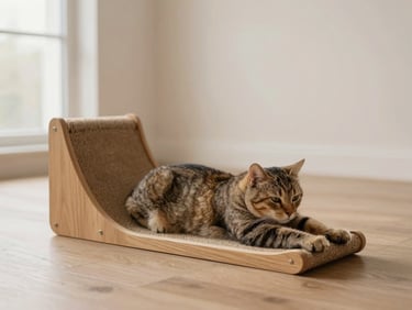 A sleek, minimalist natural wood cat scratch post in a modern interior, a cat stretching on it, soft natural light.