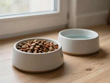 Two modern ceramic pet bowls, one filled with kibble, the other with water, on a clean wooden floor, soft natural window light, muted earthy tones, shallow depth of field, 35mm lens