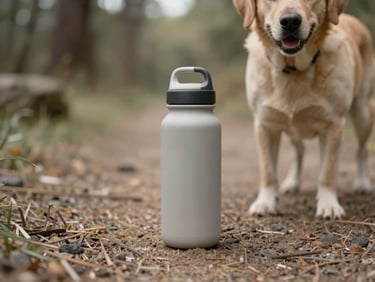 A stylish, portable pet travel water bottle next to a dog on a hiking trail, soft outdoor light, muted earthy tones.