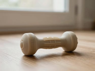 Close-up of a durable, natural rubber dog chew toy in an elegant, modern shape, on a light wood floor, soft natural window light, muted earthy tones, shallow depth of field, 35mm lens.