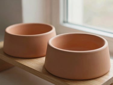 Close-up of two minimalist matte-glazed terracotta ceramic pet bowls on a low wooden stand, soft window light, warm editorial style.