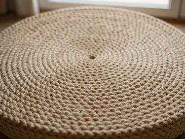 An overhead flat-lay of a circular woven cotton rope pet bed in a warm sand tone, soft natural light, shallow depth of field.