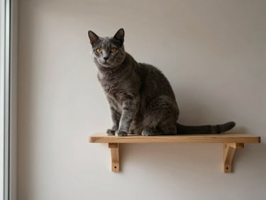 A sleek grey cat perched on a minimalist light wood wall-mounted shelf, clean plaster wall background, soft natural light.