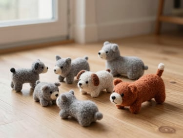 A collection of minimalist grey and terracotta felted wool pet toys arranged on a light oak floor, soft natural light.