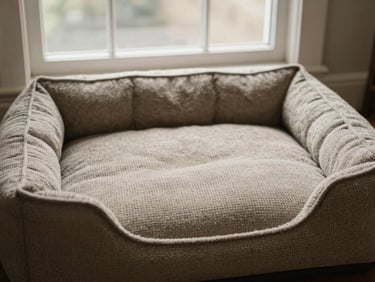 Overhead flat-lay of a luxurious, neutral-toned orthopedic dog bed with a woven texture, sun shining through a window, soft natural window light, muted earthy tones, shallow depth of field, 35mm lens.