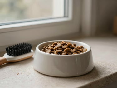 A sleek, minimalist ceramic dog bowl filled with high-quality kibble, next to a stylish grooming brush on a stone surface, soft natural window light, muted earthy tones, shallow depth of field, 35mm lens.