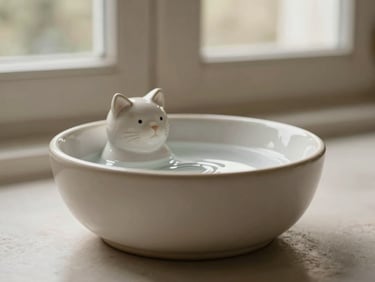 Elegant ceramic cat water fountain, minimalist design, shallow depth of field, natural light, product-only shot.