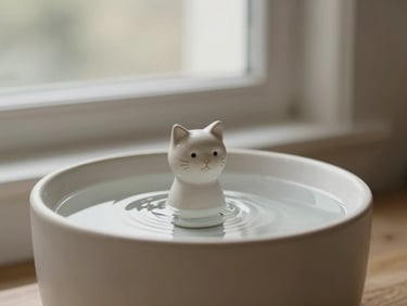 A sleek, minimalist ceramic cat fountain with fresh water, soft natural window light, muted earthy tones, shallow depth of field, 35mm lens