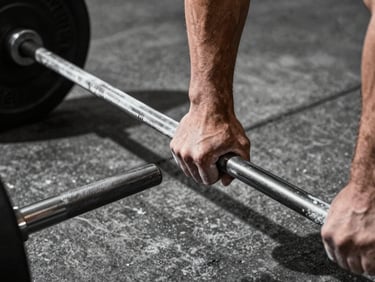 Close-up desaturated shot of chalked hands gripping a heavy steel barbell in a raw concrete gym, harsh shadows, dramatic side lighting.
