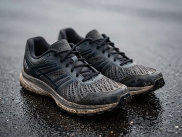 Close-up of worn running shoes resting on wet asphalt, early morning overcast light, high-contrast shadows, desaturated tones.