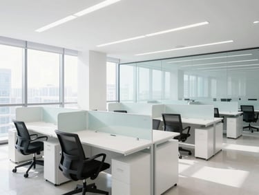 Crisp high-key architectural photography of a bright modern office workspace, clean white desks, glass partitions reflecting natural daylight, pristine and orderly environment.