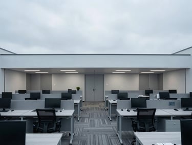 Wide-angle architectural photograph of a highly organized, modern professional workspace in Orem, cool overcast daylight, clean lines, neutral gray and muted blue tones