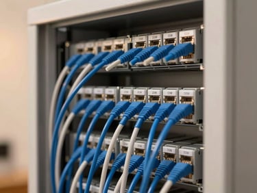 Close-up of a perfectly organized network rack cabinet with blue and white ethernet cables neatly combed and labeled, shallow depth of field, clean professional execution