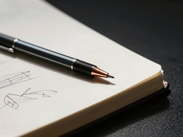 Extreme close-up of an open sketchbook on a dark studio desk, a copper-tipped mechanical pencil resting diagonally across a page of sparse typographic sketches, strong single-source directional light from the upper right casting a hard shadow, deep black background, no hands visible, no people