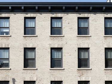 Crisp architectural photography of a renovated historic brick townhouse in Detroit, bright natural daylight, neutral tones, 35mm lens.