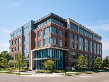 Crisp architectural photography of a modern brick office building in Birmingham Michigan, bright natural daylight, clean neutral tones with subtle blue accents, sharp focus, 35mm lens