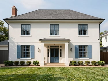 Crisp architectural photography of a colonial-style home exterior in Birmingham, manicured lawn, bright natural daylight, sharp focus.