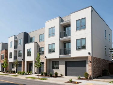 A modern residential street in Royal Oak Michigan during clear daylight, architectural focus, clean lines.