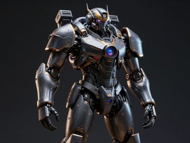 Cinematic 3D render of a futuristic heavy armored mech warrior, dramatic rim lighting, deep ink background, ultra-sharp details, octane render, 85mm lens