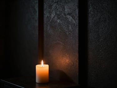 Architectural detail of a dark sensory studio interior, a single candle flame in the foreground casting warm light on a textured wall, deep blacks surrounding, intimate and mysterious, art-film framing