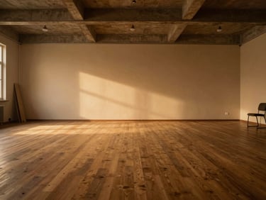 Wide shot of an empty workshop room with warm amber light pooling on a bare wooden floor, high concrete ceiling, one chair visible to the far right, cinematic stillness, no people