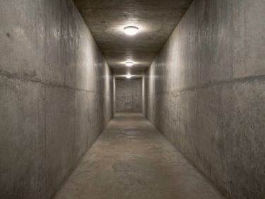 Environmental wide shot of a narrow corridor with bare concrete walls, a single warm-toned pendant light at the far end, deep perspective lines, cinematic and still, empty of people