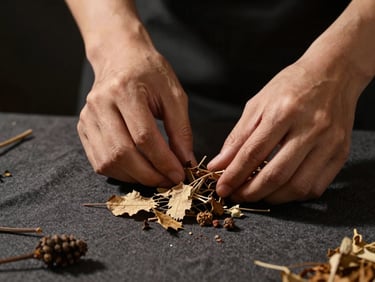 Close-up of hands arranging dried botanicals on a dark linen surface, warm directional studio light from the left, deep shadow on the right, minimal and tactile, editorial quality