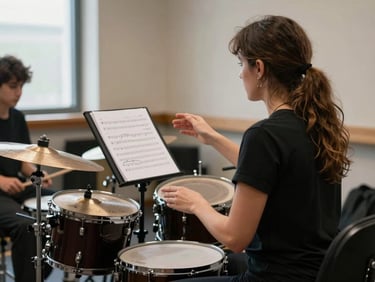 Rehearsal room scene from behind a woman drummer gesturing toward sheet music on a stand, a student with drumsticks visible to the side, practice room window light, candid documentary framing, no faces clearly visible
