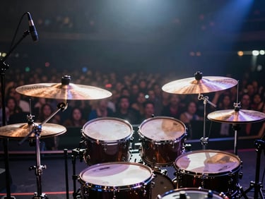 Wide environmental shot of a drum kit illuminated by concert stage lighting, seen from slightly behind and to the left, cymbals and hi-hat catching sharp colored beams, audience blur in the deep background, available-light documentary feel