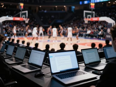 Wide-angle shot from the media pit of a basketball arena, glowing laptop screens in the foreground, intense game action blurred in the background, high-contrast.