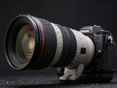 Low angle shot of a professional camera body with a massive telephoto lens, rain droplets on the matte black metal, harsh direct light cutting through darkness.
