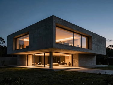 Anamorphic wide shot of a modern concrete brutalist mansion at twilight, warm interior lights glowing, dramatic scale.