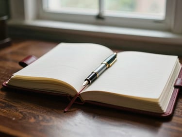 Close-up of a leather-bound ledger open on a mahogany desk, a fountain pen resting on a page, soft window light, editorial heritage photography, muted deep crimson and forest green tones, 35mm, shallow depth of field.