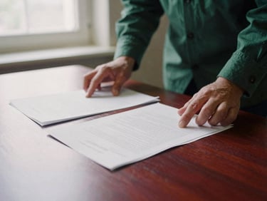 Hands reviewing physical documents on a large, polished wooden table, emphasizing meticulous detail and discreet oversight. Editorial heritage photography, soft natural window light, muted deep crimson and forest green tones, 35mm, shallow depth of field.