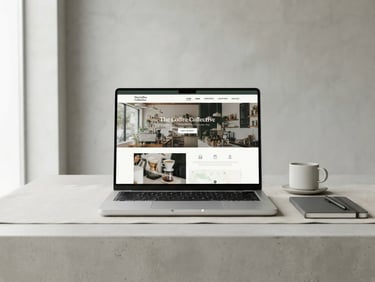 Minimalist workspace with a clean laptop displaying a local business website mockup, soft natural shadows, bright studio lighting, neutral grey background