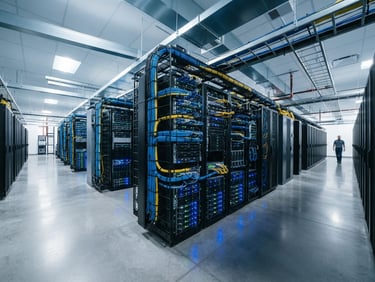Wide environmental shot of a modern enterprise server room with immaculate cable management and glowing blue LED indicator lights, bright cool-toned daylight, 35mm