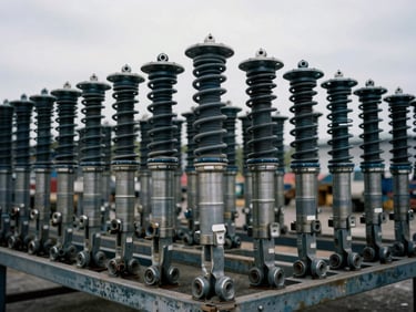 Used car suspension struts stacked on a metal rack in an industrial yard, overcast daylight